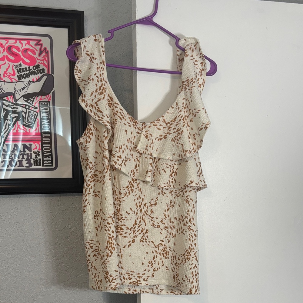 Nine West Cream and Brown Ruffle Top